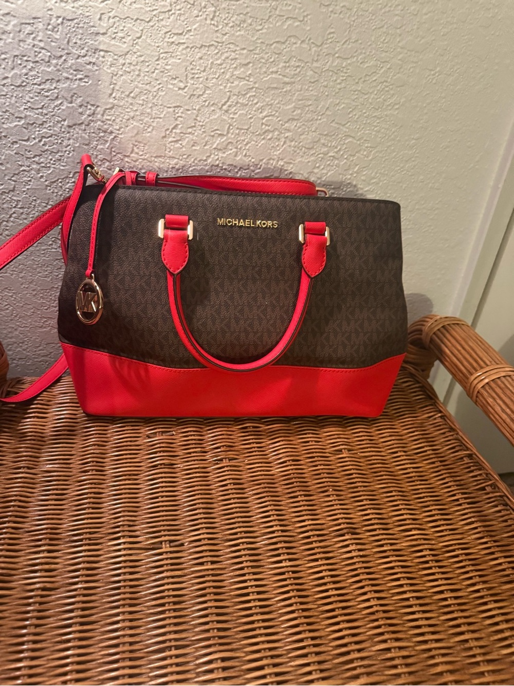 Michael Kors Brown & Red Signature Satchel with Gold Hardware
